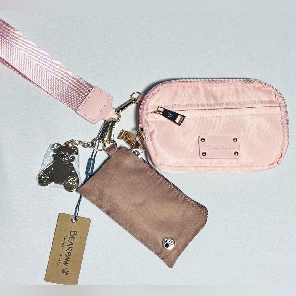 Bearpaw Double Pouch Nylon Wallet Wristlet w/ Bear Charm Blush NWT